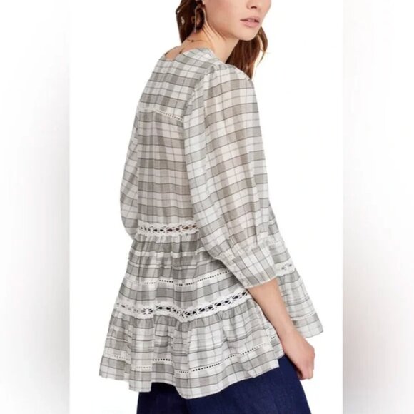 Free People Time Out Plaid Lace Boho White Olive Green Tunic Top Women's Size XS - Picture 1 of 14